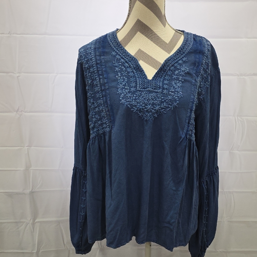 Blue Embellished Relaxed Blouse with V-Neck